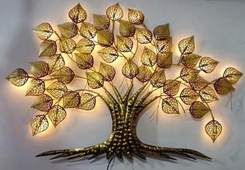 Image of Bharat Art Big Tree Metal Wall Art with LED Light | Handcrafted Iron Tree Wall Hanging for Living Room, Bedroom, Hall, Office & Entrance | Pan Tree 2 Golden (W244) | Size: 58x2x36 Inch - W244