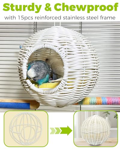 Image of Chewproof Steel Frame Bird Nest for Cage, Washable Small Bed Hammock | Bird Hideout Lay Eggs Parakeet Nest Sleep Rest, Parakeet Warm Bed House Hut for Lovebird, Canary, Budgie, with Cushion