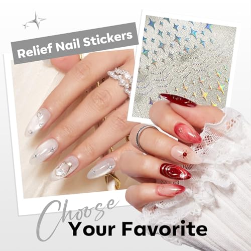 Image of modelones Nail Stickers 3D Self-Adhesive Nail Decals Gold Line Star, Laser Heart & Star Sparkle, Moon Nail Art Holiday Spring DIY Nail Stickers for Women & Kids 5Pcs