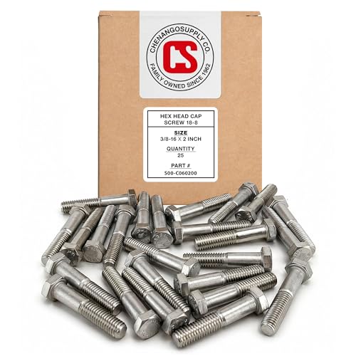 Image of Chenango Supply 3 /8-16 x 2 Stainless Steel Hex Head Bolts - 304 Stainless, USS Coarse Thread, 100,000-125,000 PSI Tensile Strength, Corrosion-Resistant Hardware Bolts, (25 Pieces, 3 /8-16 x 2)