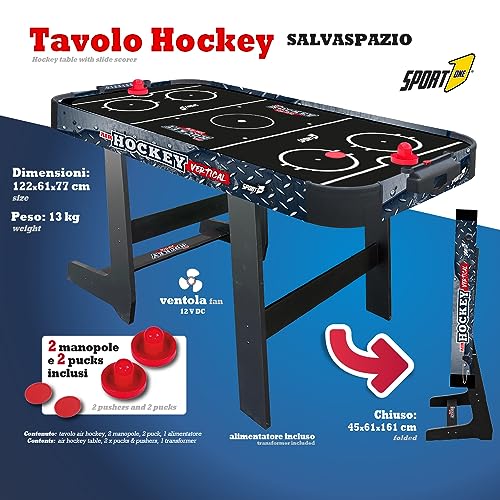 Sport1 Air Hockey Metal Vertikaler Klapptisch Air Mini mit Lüfter 12 V Platzsparender Air-Hockey-Tisch Maße 121 x 60 x 76 cm 2 Griffe und 2 Scheiben inkludiert mit integrierter Punktezähler. – Bild 4