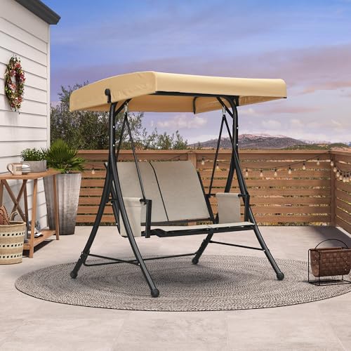 Image of PURPLE LEAF Porch Swing with Adjustable Tilt Canopy 2-Seat Patio Swing with Stand and Metal Steel Frame All-Weather Outdoor Swing Chair Seat Space-Saving for Backyard Garden Deck (Silver Grey)