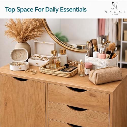 Image of Naomi Home Rolling Storage Cabinet with 5 Drawers & Side Cabinet, Engineered Wood Organizer with Shelves, Handle-Free Design & Swivel Casters for Home Office, Kids Room & Entryway - Natural