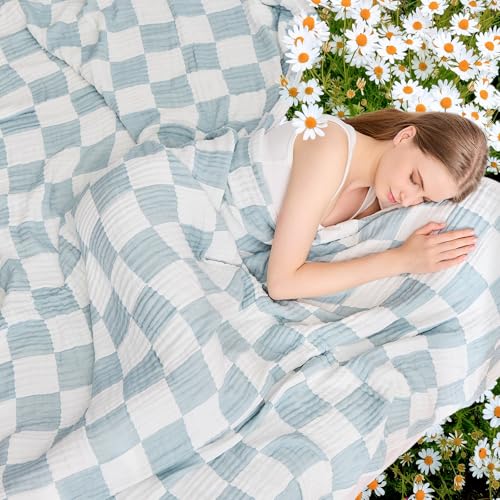 EMME Checkered Throw Blanket Cotton for Couch Soft Muslin Bamboo Blankets 50"x60" Lightweight Breathable Soft Blanket All Season Gauze, Teal