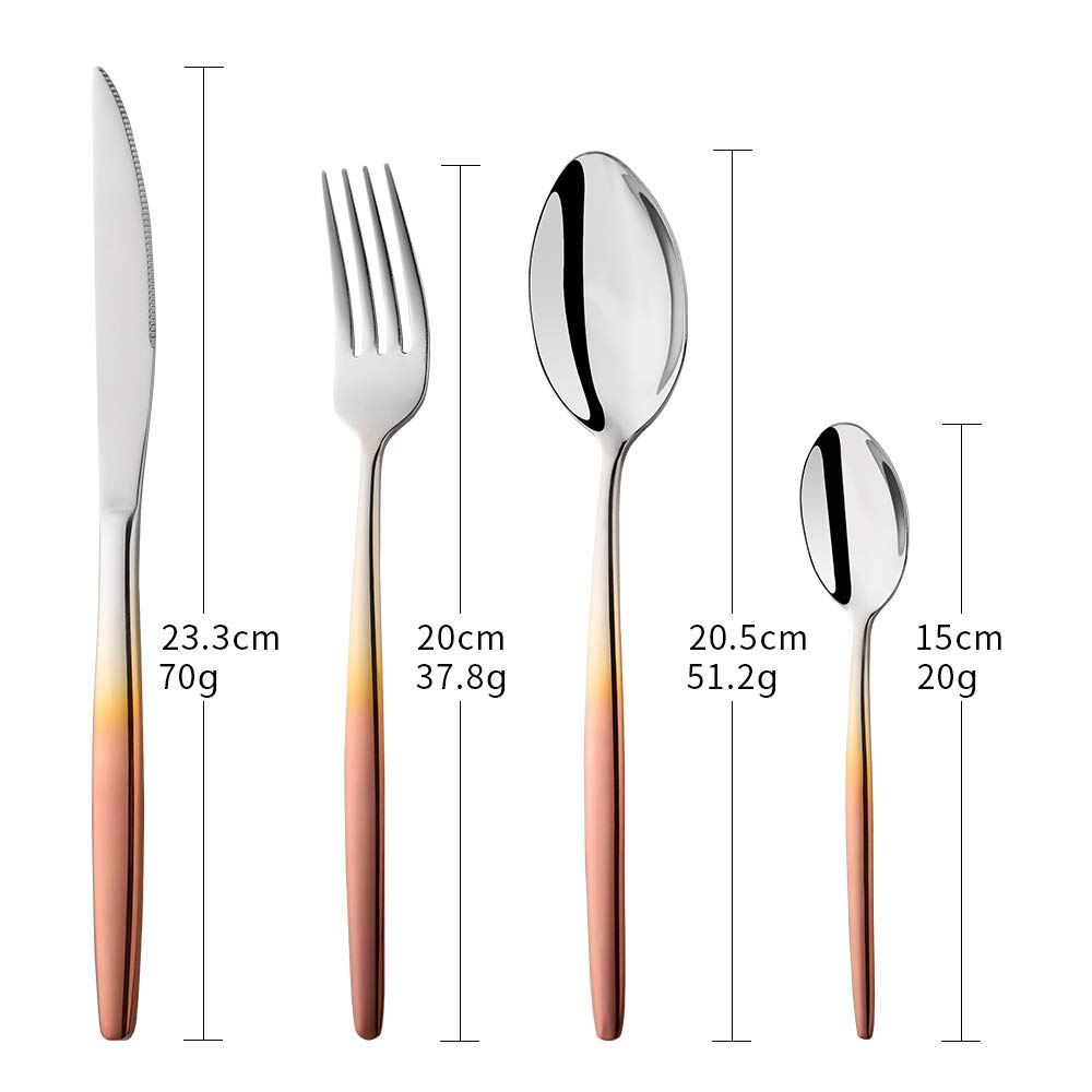 Bisda Juego de cubiertos de acero inoxidable con mango de color oro rosa, servicio de cubiertos de 16 piezas para 4 personas, Cucharas de sopa Tenedores Cuchillos Juego de cucharaditas