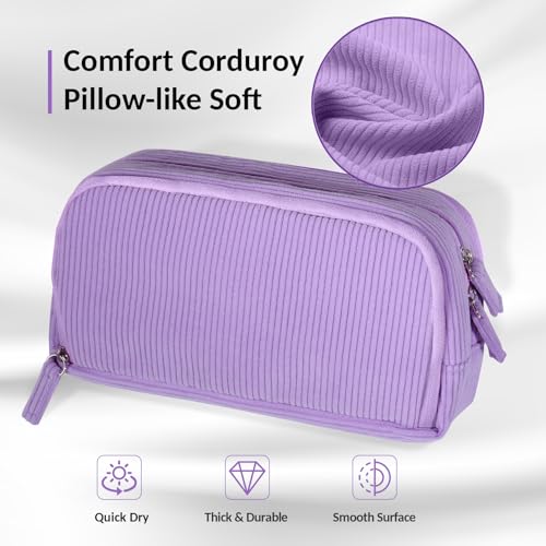 Image of Sooez Big Capacity Pencil Case Pen Pouch, Soft Corduroy Pencil Bag with 3 Compartment, Multiple Pockets, Sturdy Zipper, Cute School Supplies Pen Bag Organizer For Teen Girls College, Purple