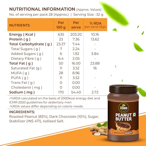 Image of DiSano Chocolate Peanut Butter Crunchy, 924g, 23g Protein, Roasted Peanuts and Rich Cocoa, Zero Cholesterol & Trans Fat, Ideal for Pre & Post-Workout, Healthy Spread for Breakfast & Snacking
