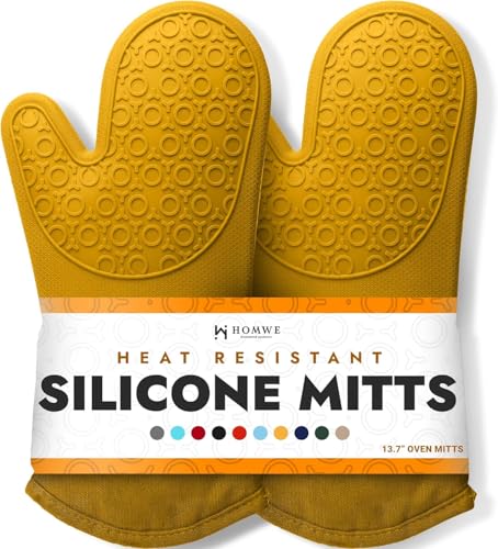 Image of BPA-Free Soft Silicone Oven Mitts - Ultra Heat Resistant Oven Mitts with Thick Cotton Liner - Long Slip Resistant Pot Holders, Flexible Oven Gloves - Yellow 13.7 inch