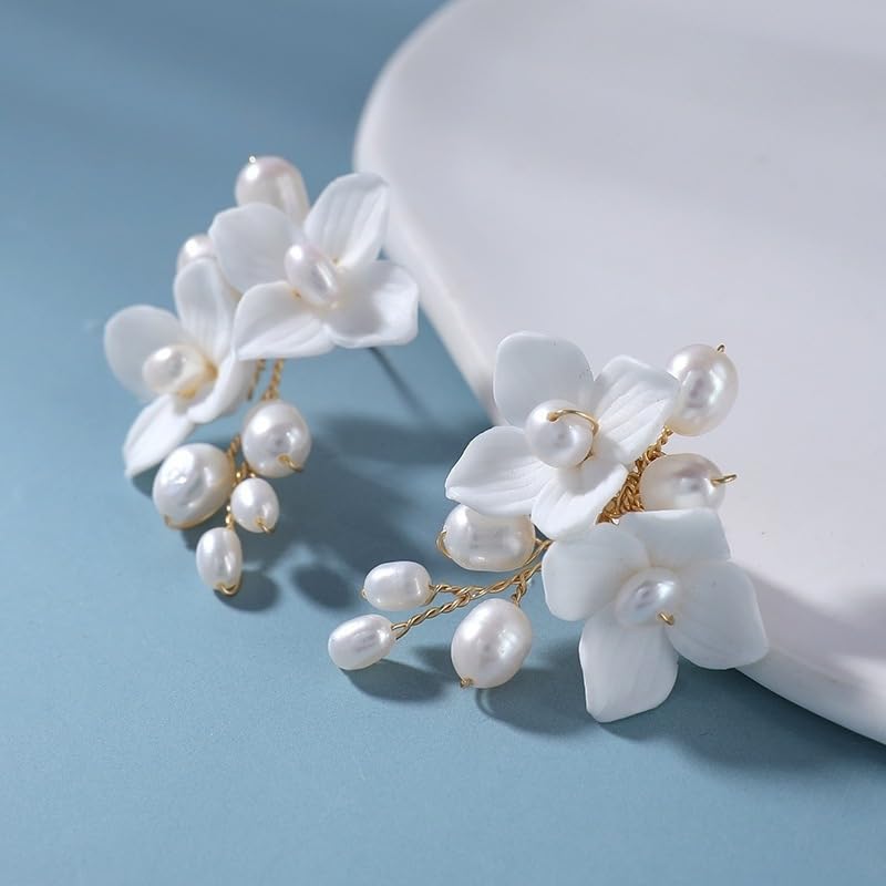 Handcraft White Ceramic Flower Pearl Stud Drop Earrings - Elegant Wedding and Prom Accessories - Post Earrings Jewelry for Brides and Women - Perfect for Special Occasions4