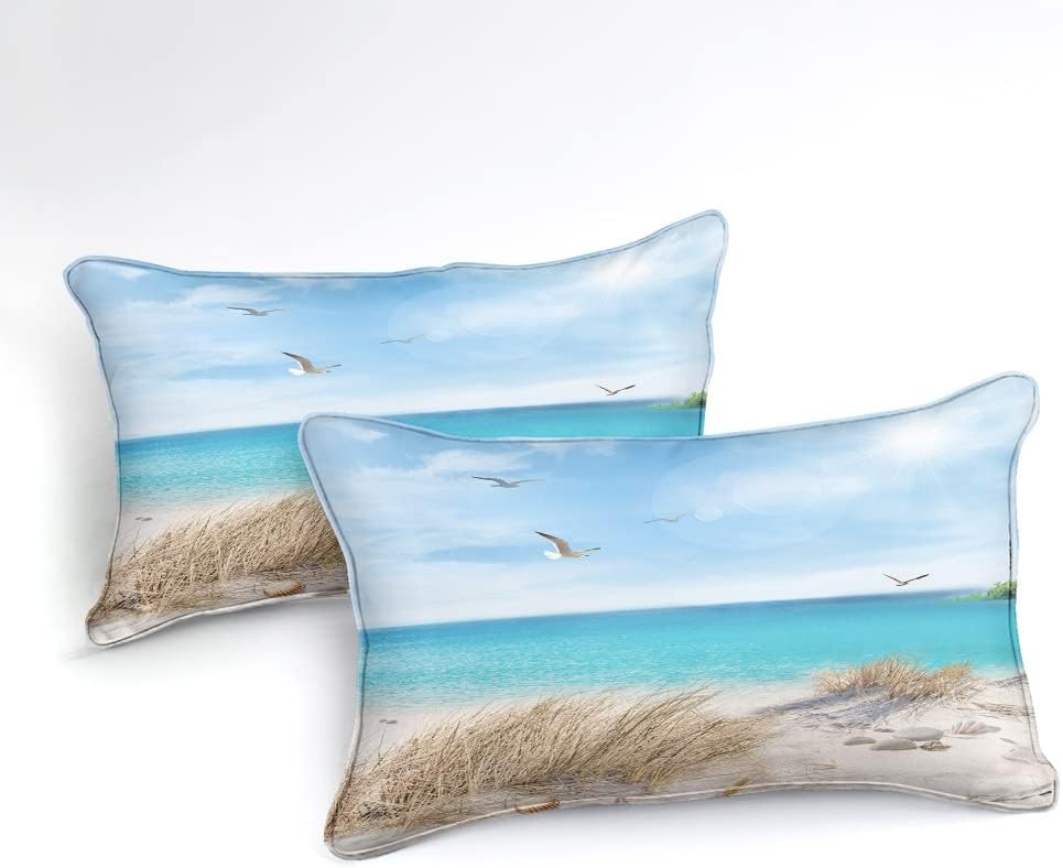 MOVE OVER Blue Ocean Bedding Set Beach Themed Comforter Set Queen Size 4 Pcs White Seagull and Seaside Rocks Seascape Pattern Blue Island Scenery Coastal Bedding Sets Ocean Beach Bedding Sets