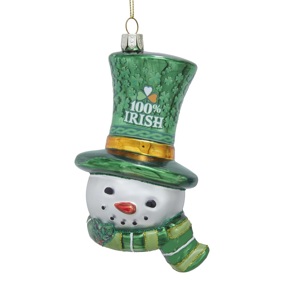 Kurt Adler Glass 100%" Irish Snowman Head with Top Hat Ornament