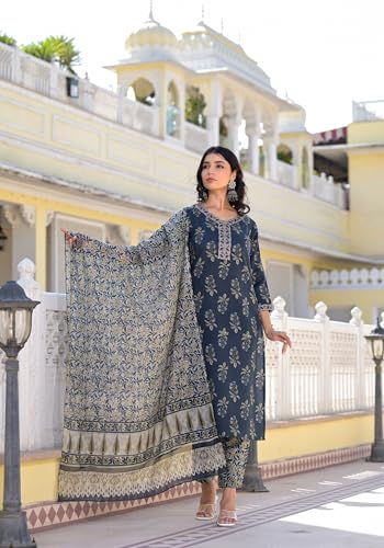 Shienzy Cotton Blend V Neck Kurta Pant Set With Dupatta For Women | Women Kurta Pant Sets With Dupatta (1611-1613) (In, Alpha, 2Xl, Regular, Blue)