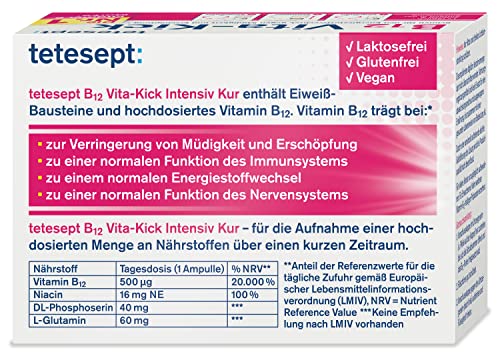 tetesept B12 Vita-Kick Trinkampullen Intensiv-Kur – Nahrungsergänzungsmittel für den Energiestoffwechsel, gegen Erschöpfung - hochdosierte Vitamin B12 Ampullen – Wochenpackung à 7 Trinkfläschchen