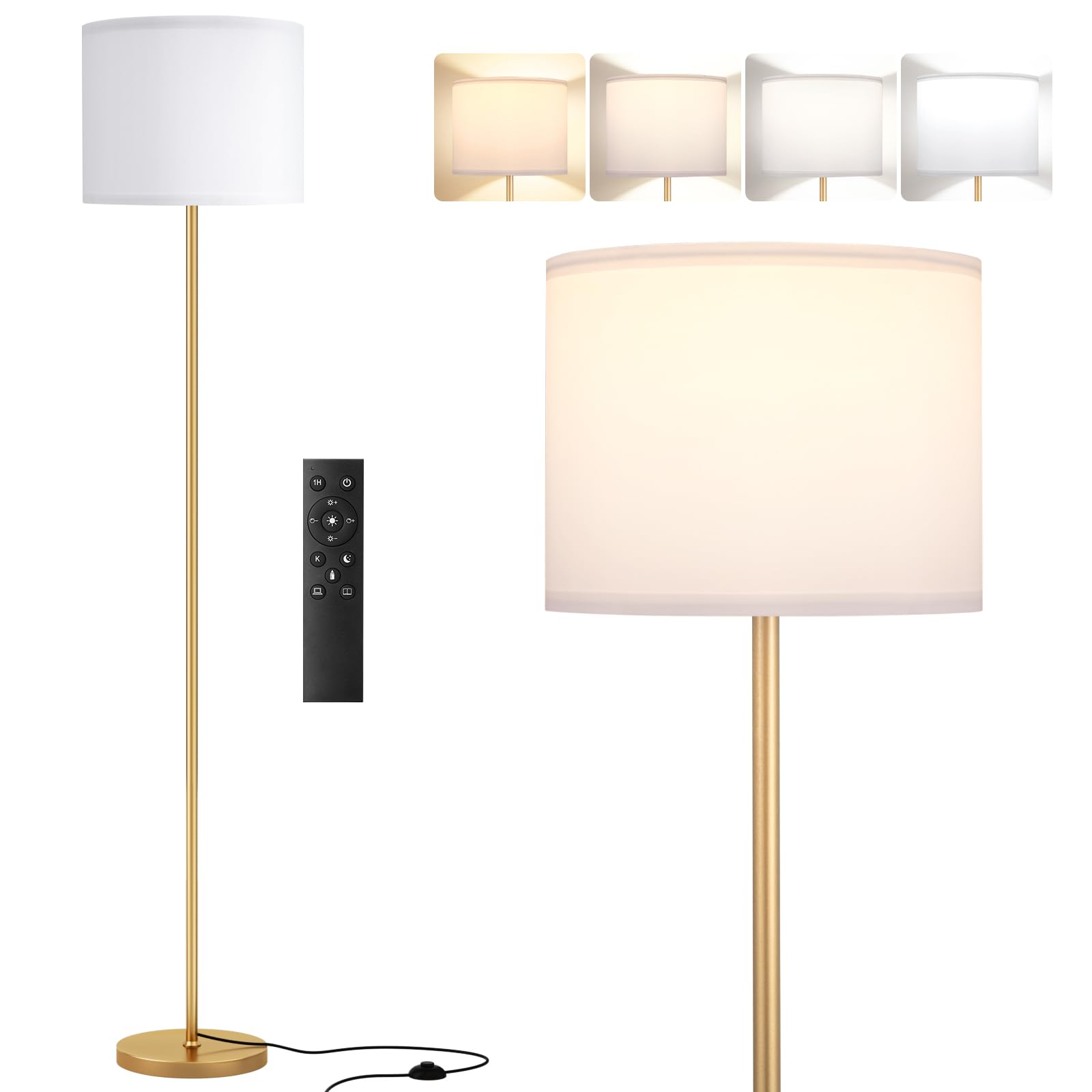 PreeOtti Gold Standing Lamp for Bedroom with Remote,Dimmable Simple Design Stand Up Lamp for Office Reading(9W Bulb Included)