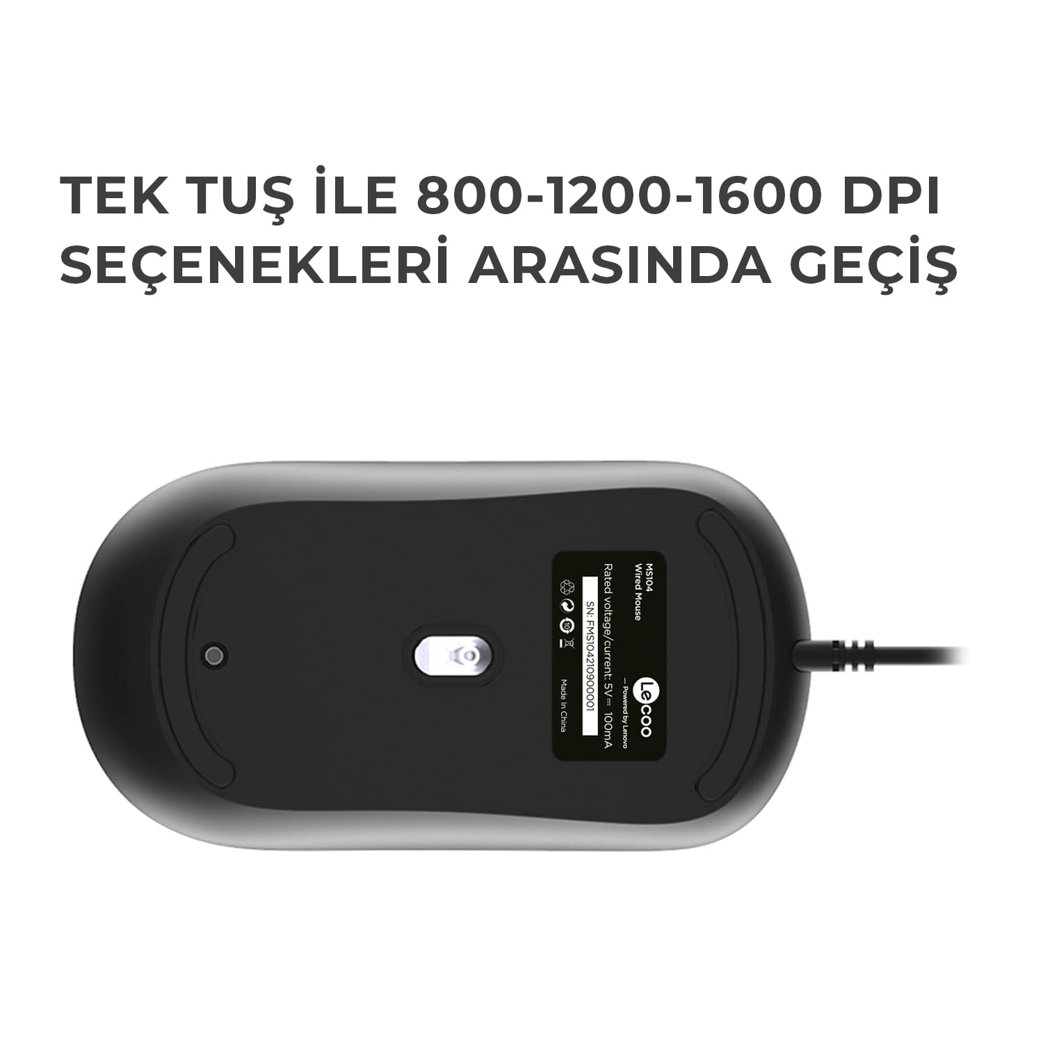 lecoo Ratón USB MS104 Negro Ambidiestro Plug and Play 1600 DPI Cable Ajustable 140 Cm Sensor Óptico