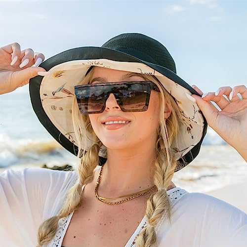 Womens Beach-Sun-Hat Mesh Wide-Brim-Bucket-Hat Foldable Floral Summer Fishing Cap With Chin Strap (M, Black) #TOP1