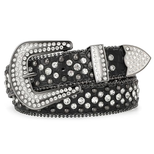 SANSTHS Women Rhinestone Belt for Jeans, Men Western Cowgirl Bling Studded Belt Faux Crocodile Grain Leather