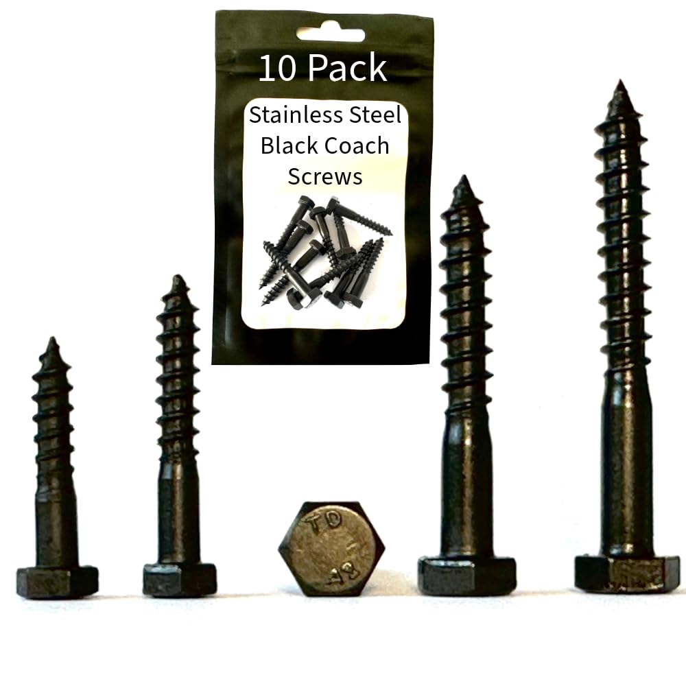 M5 x 60mm Black Stainless Steel Coach Screws, Heavy Duty Hex Head Fixing Bolts for Wood Masonry, Brick