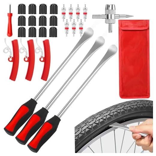BBLTIFF 28 Pcs Outil Levier De Pneu, Outil de Montage de Pneus, DéMonte Pneus Moto Manuels avec 3 Jantes Protecteurs Roue Cuillères Changement Kit Accessoires pour les vélos, les Motos et les Voitures