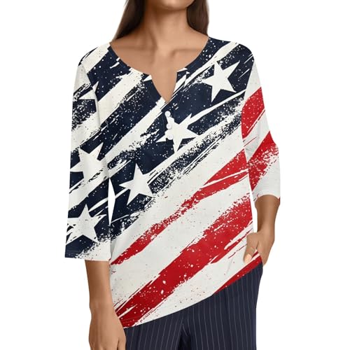 Image of 4th of July Shirts Women 3 /4 Length Sleeve Womens Tops Henley Neck Casual Patriotic T Shirts