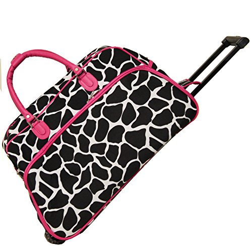 World Traveler 21-Inch Carry-On Rolling Duffel Bag, Fuchsia Trim Giraffe