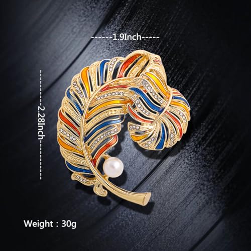 Image of Colorful Feather Brooch Pin with Crystal Rhinestones Pearl Gold-Tone Blue Orange Yellow Brooch Pin