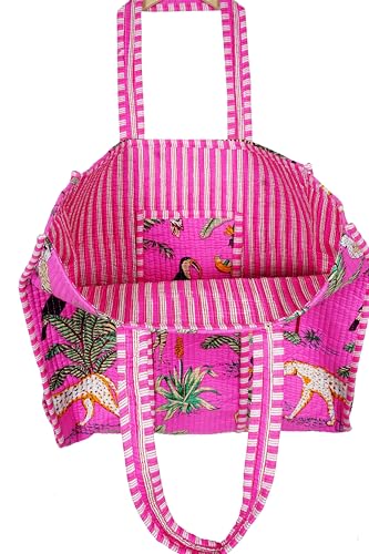 Image of Quilted Cotton Hand printed Reversible Large multicolor cotton Tote Bag,Indian Handmade Block Printed Tote Bag Women Handbag