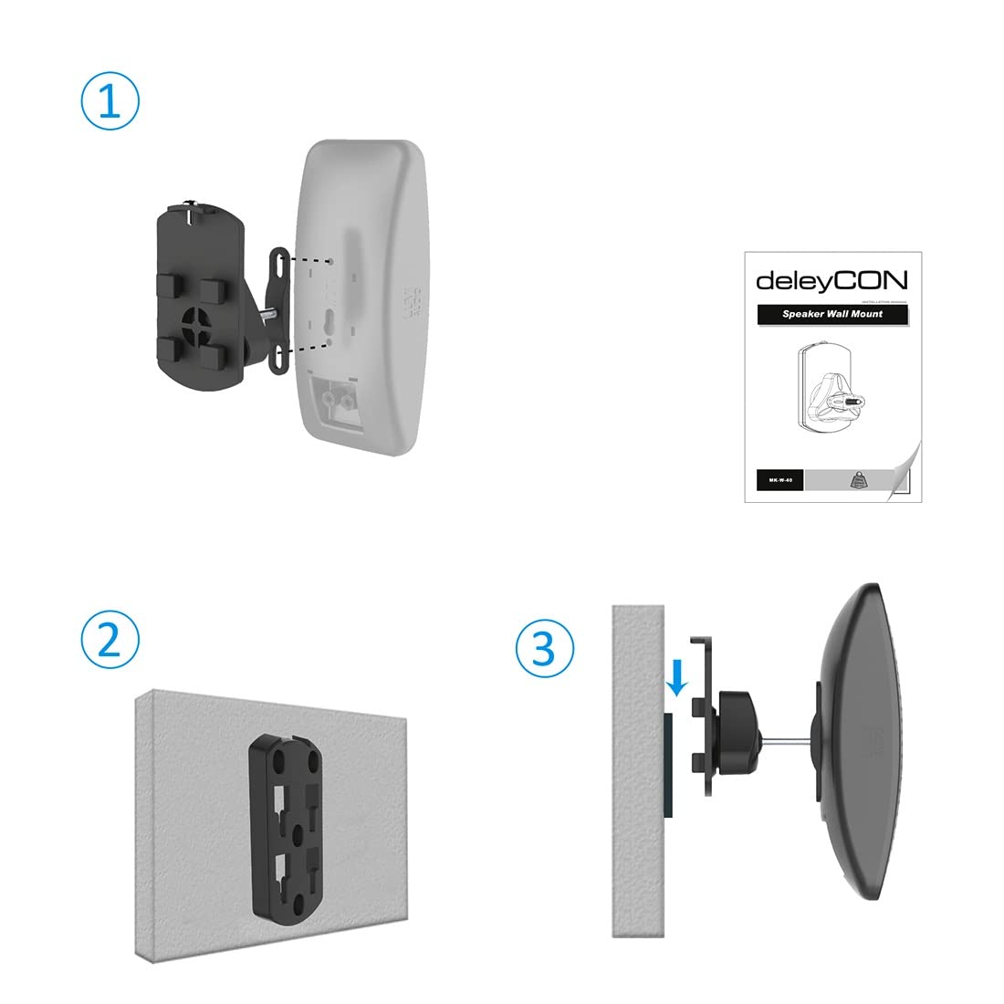 deleyCON 4X Support Mural Universel pour Enceintes Fixation de Boîtes Rotation + Inclinaison Résistant à Une Charge Maximale de 10Kg Montage Mural + Montage au Plafond - Noir