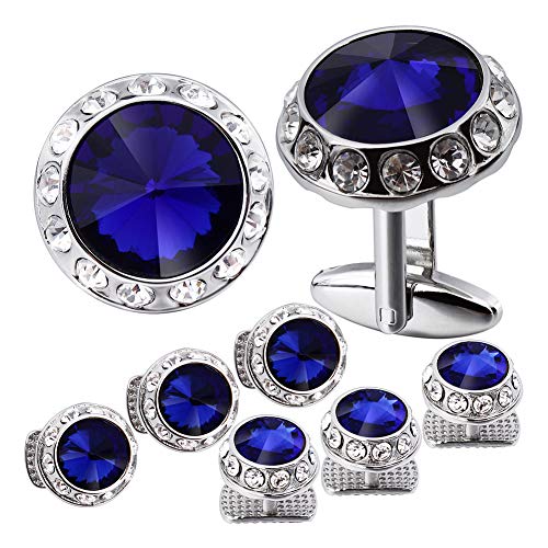 HAWSON Crystal Cufflinks and 6 Tuxedo Studs Set for Men's Tuxedo Shirt and Women - Wedding Party Accessories - Business Wedding Accessories(Blue)