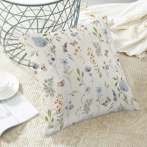 Image of Spring Pillow Covers 18x18 Inch Set of 2, Sage Green Blue Wild Flower Throw Pillows Case,Colorful Seasonal Floral Plant Outdoor Decorative Farmhouse Decor Cushion Covers for Home Sofa Bed Couch