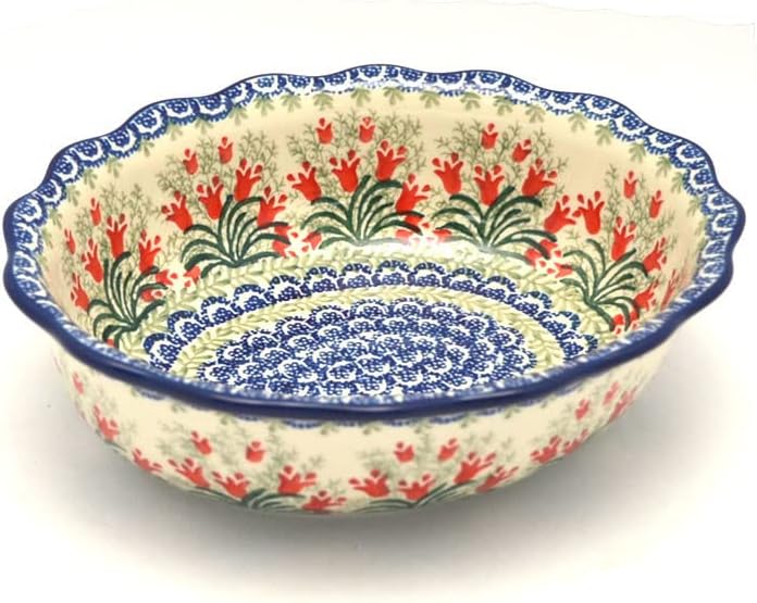 Polish Pottery Bowl - Fluted Oval - Crimson Bells
