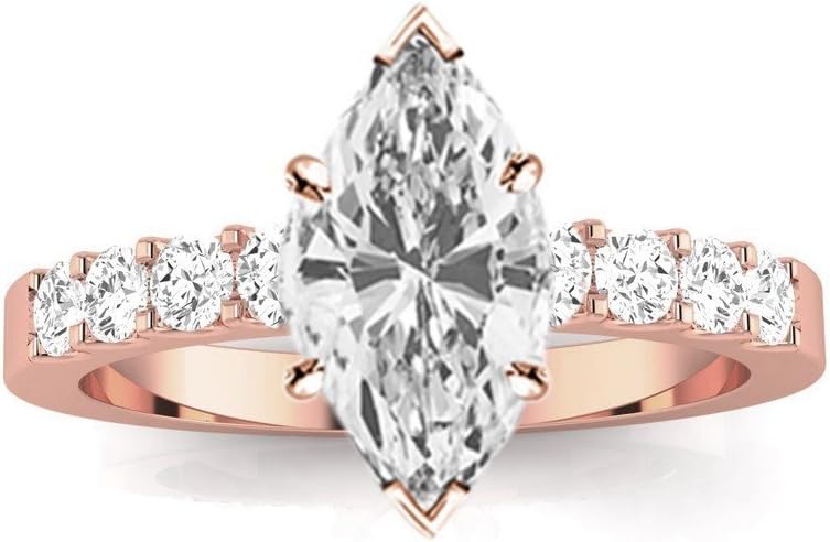 1 Carat 14K White Gold Classic Prong Set Round Marquise Cut Diamond Engagement Ring (0.5 Ct H Color VS2 Clarity Center Stone)