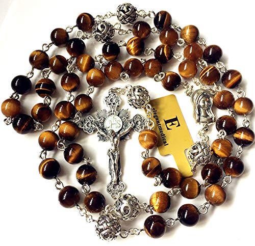 elegantmedical Bali Sterling Silver Beads & Tiger Eye GIFT CATHOLIC ROSARY CROSS NECKLACE BOX