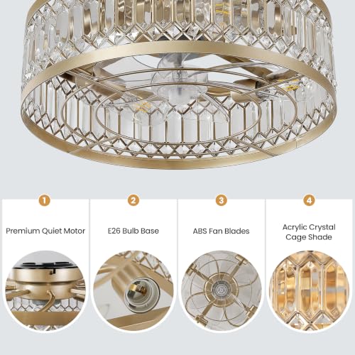 Image of Gold Crystal Fandelier Ceiling Fans with Lights, 20 inch Gold Flush Mount Ceiling Fan with Light Remote Control, Caged Mid-Century with 6 Speeds for Living Room Bedroom Nursery