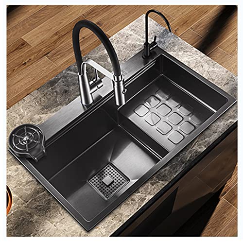 INGVY Fregadero de Cocina de Acero Inoxidable 304, Fregadero Individual para Lavabo de Verduras con Grifo extraíble, Montaje Superior o Inferior, Juego de Grifo de Fregadero (Color : Black E, Size