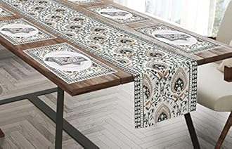 BLOCKS OF INDIA Hand Block Printed Cotton Table Runner, Mat and Napkin Set for Center/Dining Table (Brown Jaal), Large