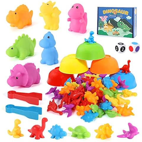 Anby families Montessori Counting Toys,64 Pcs Counting Dinosaurs with Bowls Dices and Tweezers,Montessori Sorting Toys Math Skills Game Educational Toys Gifts for 3 4 5 Years Old Boys Girls Cover