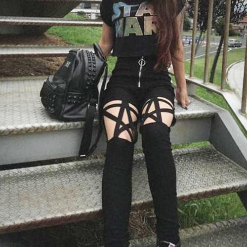 High Waist Skinny Pencil Pants Pentagram Cut-Out Zipper Denim Casual Pants Women4