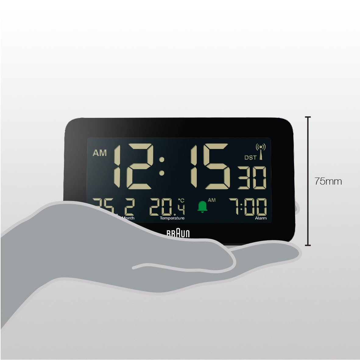Braun Funk-Digitalwecker für die Mitteleuropäische Zeitzone (DCF) mit Datums-, Monats- und Temperaturanzeige, Negatives LCD-Display, Schnelleinstellung, schwarz, Modell BC10B-DCF