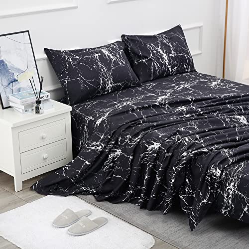 Image of Best Season Bed Sheet Set 4 Pieces -Full Size-Soft Durable Microfiber Bedding Sheet Set,Deep Pocket,Stain,Fade & Wrinkle Resistant(Black Marble)
