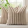 decorUhome Cozy Faux Fur Spring Throw Pillow Covers 18x18 Set of 2 Decorative Soft Plush Striped Modern Farmhouse Boho Couch Pillow Cases with Velvet Back for Sofa Bed Living Room, Khaki Brown