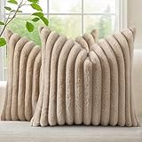 decorUhome Fall Faux Fur Throw Pillow Covers 18x18 Set of 2, Decorative Soft Plush Striped Neutral Couch Euro Pillow Covers with Velvet Back for Sofa, Bed, Living Room Home Decor, Light Khaki Brown