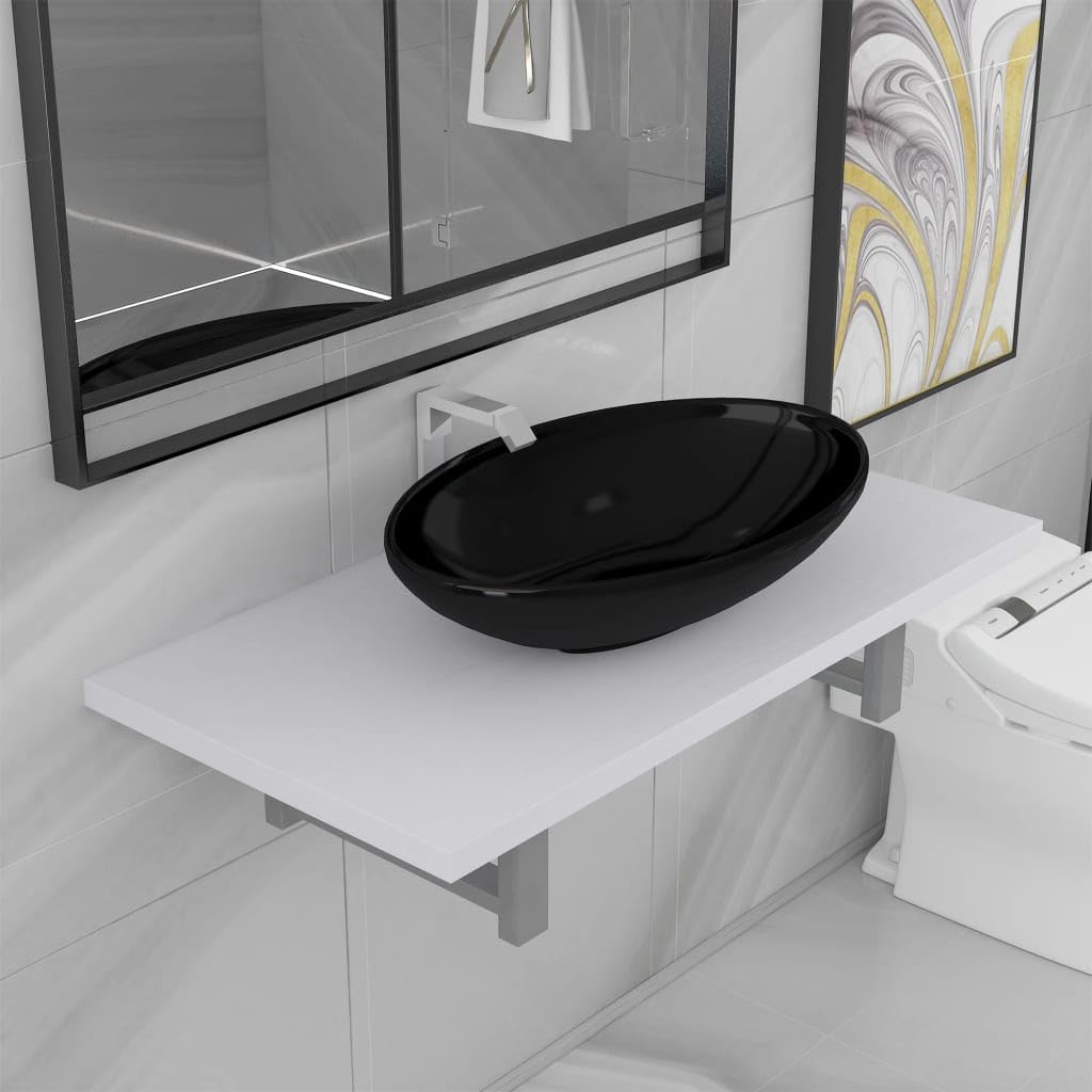 Juego de muebles de baño con lavabo ovalado de cerámica blanca y estante de pared elegante