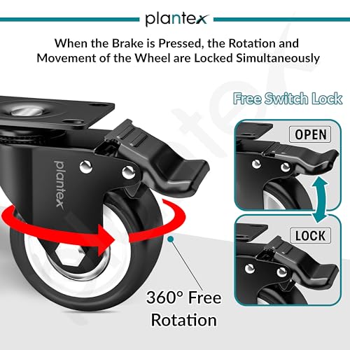 Image of Plantex 1.5 Inch Caster Wheel /Heavy Duty Soft PU Swivel Caster Wheels with 360 Degree No Noise /Wheels for Furniture /Trolley Cart /Sofa /Table - Black - Set of 4 (2 with Brakes & 2 Without)