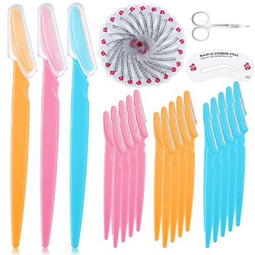 55 Pieces Eyebrow Razors Set, Includes 30 Pieces Eyebrow Razor Facial Hair Remover, 24 Pieces Eyebrow Shaping Stencils and Stainless Steel Eyebrow Trimmer Scissors