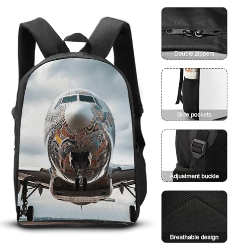 3 Piece Backpack for Women Men Lightweight Causal Daypack Shoulder Bag Set with Insulated Lunch Bag And Pencil Case Organizers Airplane Art3