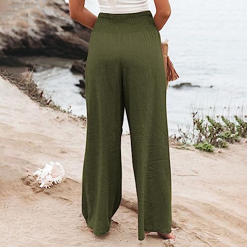 Womens Cotton High Waist Pants Casual Elastic Band Solid Loose Wide Leg Pants Breathable Lounge Pants with Pockets4
