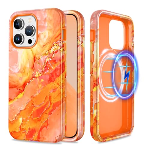 Casetego for iPhone 14 Pro Max Case,Compatible with MagSafe,[Military Grade Drop Test] Full Body Protection Slim Shockproof Rugged Marble Women Girls Case for iPhone 14 Pro Max 6.7 inch,All Orange