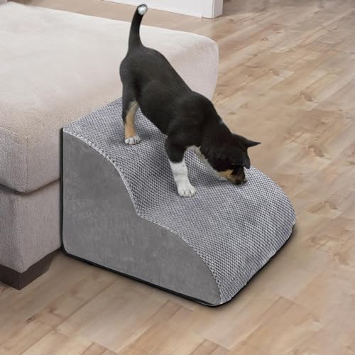 2 Stufen Hundetreppe für Bett und Sofa, LIANTRAL Haustiertreppe mit strapazierfähigem hochdichtem Schaumstoff und waschbarer Bezug und Tierhaarentferner-Rolle, reduziert Stress auf Tiergelenke, Grau