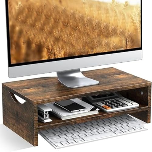 Home Sparkle Monitor Stand Riser, 2 Tiers Laptop Computer Monitor Riser for PC Screen, iMac, Desktop Wooden Screen Monitor Stand Riser with Storage Organizer for Home Office